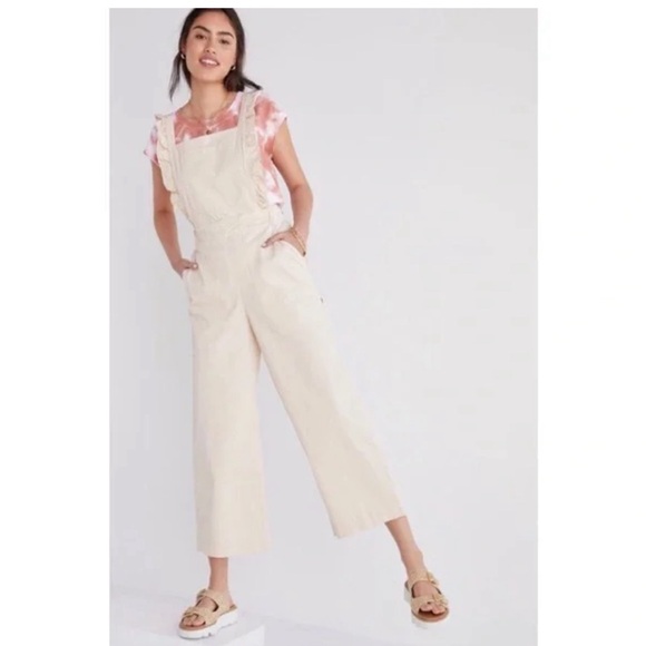Maeve Anthropologie Ruffle Overalls Jumpsuit Beige Wide Leg Size Small cream - Picture 2 of 11